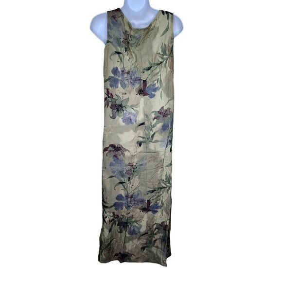 Vintage 1990s Sleeveless Maxi Shift Dress Womens Small Green Floral Rayon Summer - Picture 3 of 5